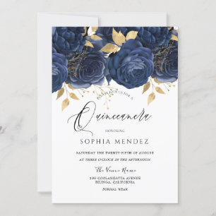 Navy Indigo Blue & Gold Floral Quinceanera Party Invitation