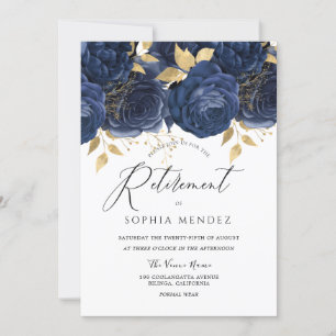 Navy Indigo Blue & Gold Floral Retirement Party Invitation