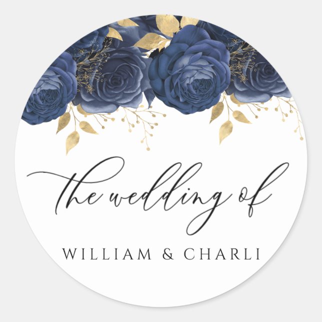 Navy Indigo Blue & Gold Floral Wedding Classic Round Sticker (Front)