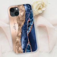 Navy Indigo Blue & Rose Gold Glitter Marble Agate