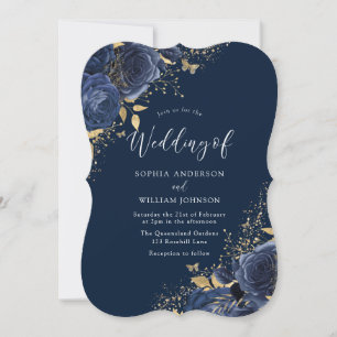 Navy Indigo Blue Roses Flowers Elegant Wedding Invitation