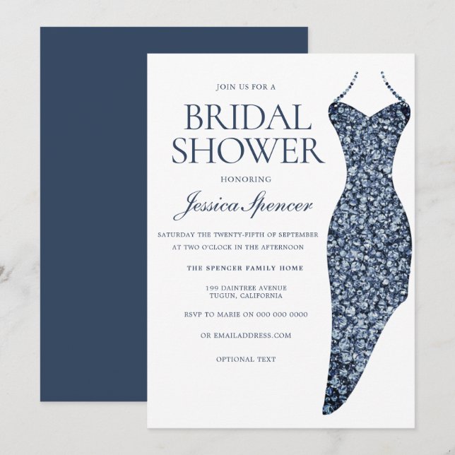 Navy Indigo Blue Sparkle Dress Bridal Shower Invitation (Front/Back)