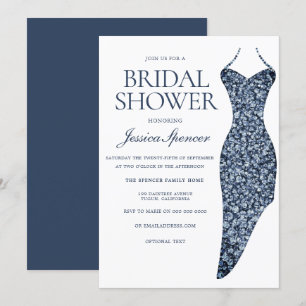 Navy Indigo Blue Sparkle Dress Bridal Shower Invitation