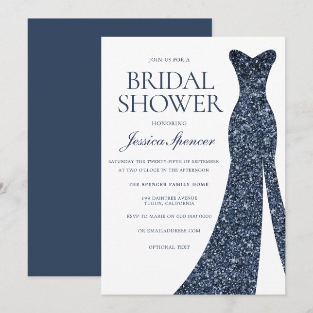 Navy Indigo Blue Sparkle Dress Bridal Shower V2 Invitation (Front/Back)