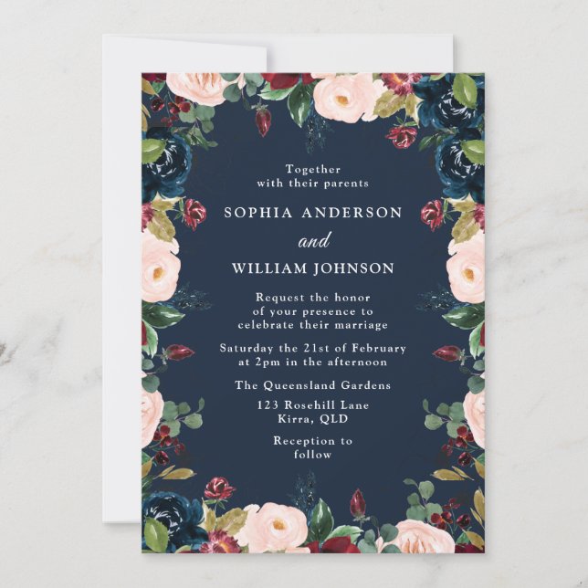 Navy Indigo Burgundy Blush Floral Wreath Wedding Invitation (Front)