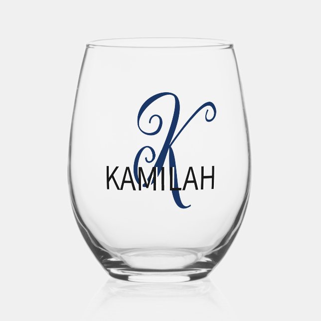 Navy Indigo Elegant Initial Black Name | Modern  Stemless Wine Glass (Front)