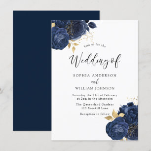 Navy Indigo Flowers Elegant All Seasons Wedding Invitation