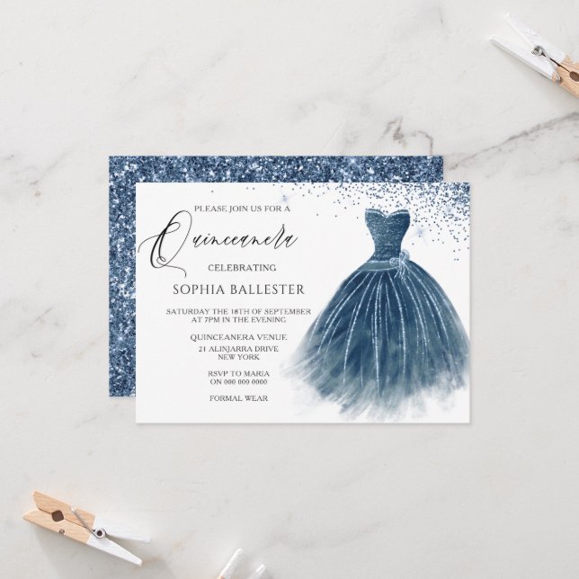 Navy Indigo Glitter Dress Gown Quinceanera Party Invitation (Front/Back In Situ)