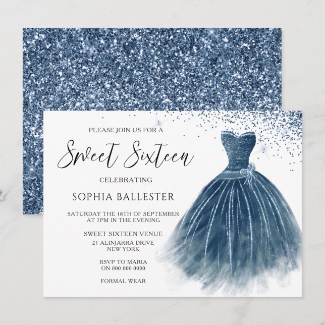 Navy Indigo Glitter Dress Gown Sweet 16 Party Invitation (Front/Back)