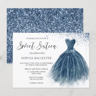 Navy Indigo Glitter Dress Gown Sweet 16 Party Invitation