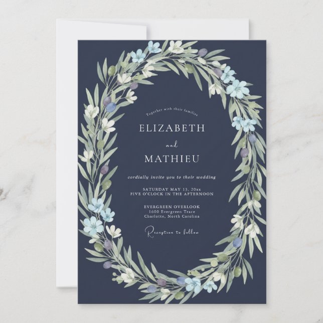 Navy Indigo Leafy Wedding Invitation (Front)