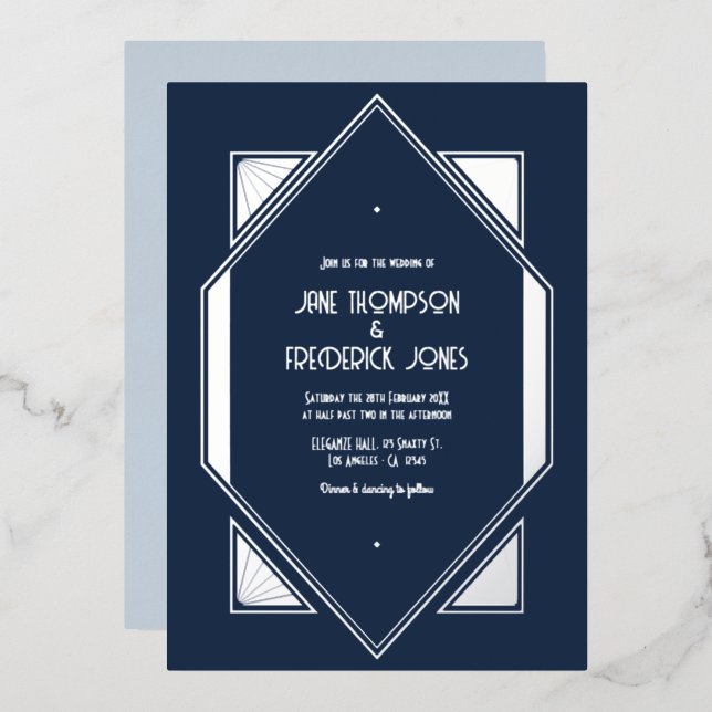 Navy Ink & Silver Gatsby Art Deco Wedding (Front/Back)