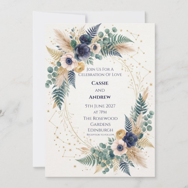 Navy Ivory Anemone Gold Celestial Wedding Invitation (Front)