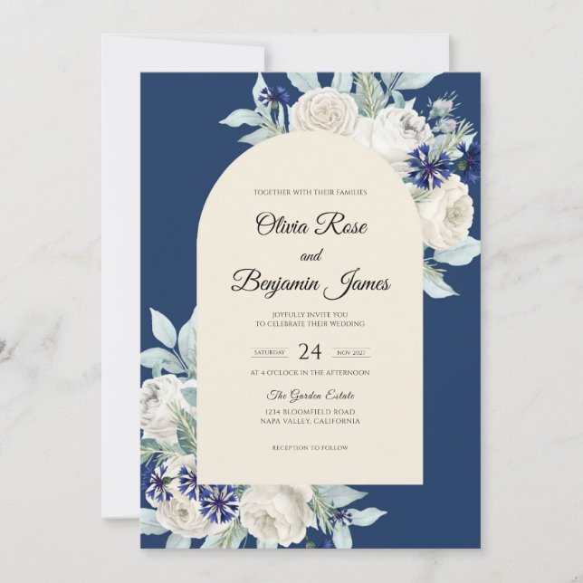 Navy Ivory Bloom Wedding Invitation (Front)