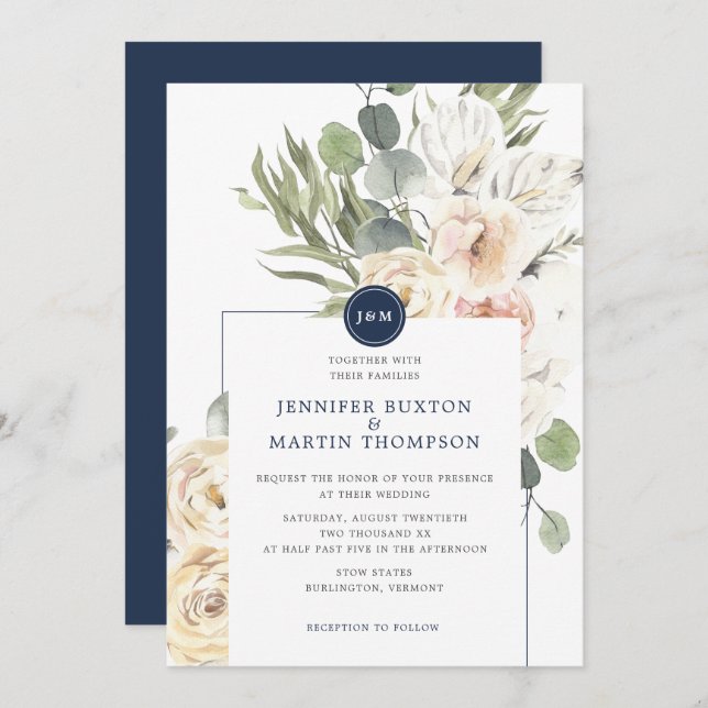 Navy & Ivory Floral Eucalyptus Monogram Wedding Invitation (Front/Back)