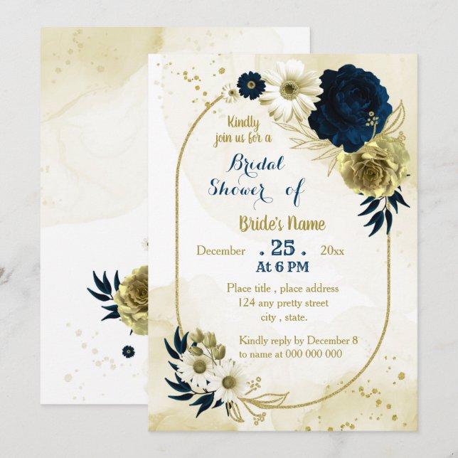 Navy ivory floral gold geometric bridal shower invitation (Front/Back)