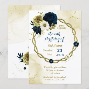Navy ivory floral gold wreath birthday party invitation