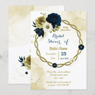 Navy ivory floral gold wreath bridal shower invitation