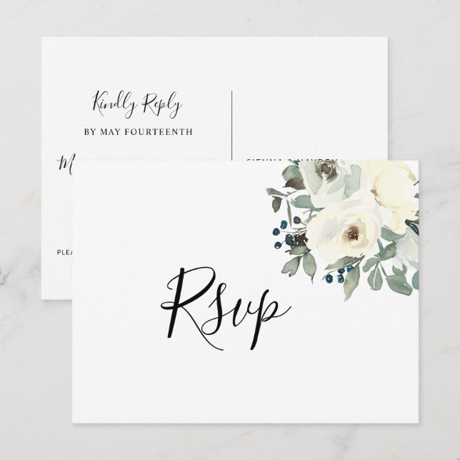 Navy Ivory Floral RSVP Postcard with Meal Choice (Front/Back)