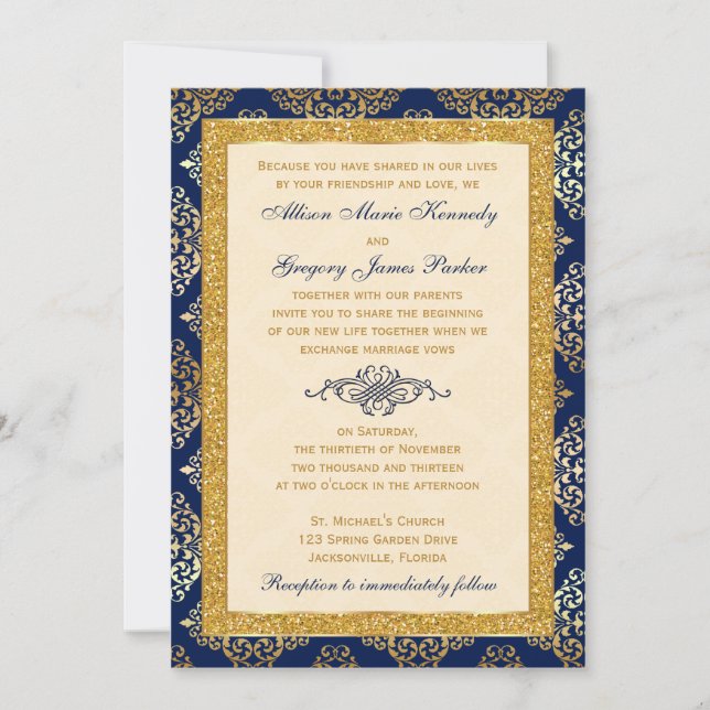 Navy, Ivory, Gold Glitter, Damask Wedding Invite (Front)