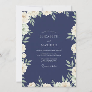 Navy Ivory Leafy Wedding Invitation