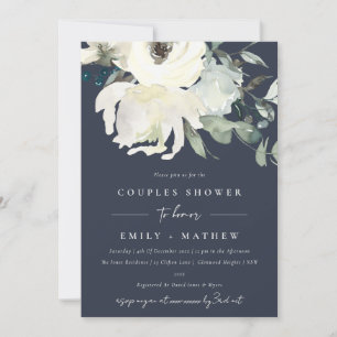 NAVY IVORY WHITE FLORA WATERCOLOR  COUPLES SHOWER INVITATION