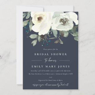 NAVY IVORY WHITE FLORAL WATERCOLOR BRIDAL SHOWER INVITATION