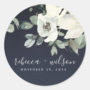 NAVY IVORY WHITE FLORAL WATERCOLOR BUNCH WEDDING CLASSIC ROUND STICKER
