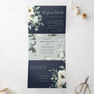 NAVY IVORY WHITE FLORAL WATERCOLOR BUNCH WEDDING Tri-Fold INVITATION