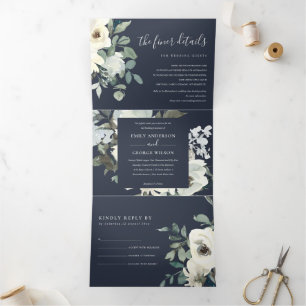 NAVY IVORY WHITE FLORAL WATERCOLOR BUNCH WEDDING Tri-Fold INVITATION