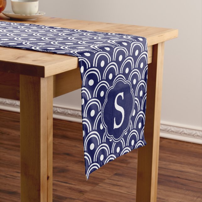 Navy Japanese Scallops Pattern Monogram Short Table Runner (In Situ)