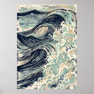 Navy Japanese Wave Art Poster