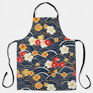 Navy Japanese Wave Plum Blossom Floral Pattern Apron