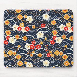 Navy Japanese Wave Plum Blossom Floral Pattern Mouse Mat