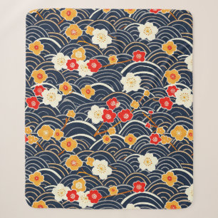 Navy Japanese Wave Plum Blossom Floral Pattern Sherpa Blanket