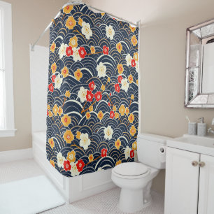 Navy Japanese Wave Plum Blossom Floral Pattern Shower Curtain