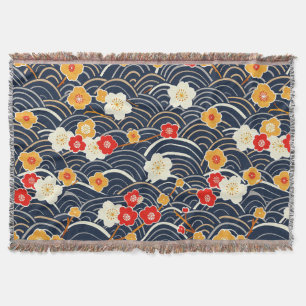 Navy Japanese Wave Plum Blossom Floral Pattern Throw Blanket