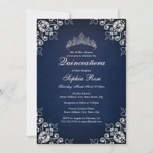 Navy Jewel Tiara Butterfly Quinceanera Invitation