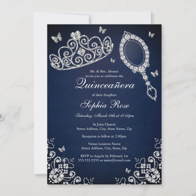 Navy Jewel Tiara Mirror Butterfly Quinceanera Invitation (Front)