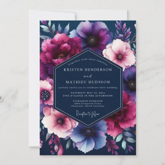Navy Jewel-Tone Floral Wedding Invitation (Front)