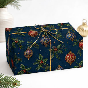 Navy Jewel Tone Gold Vintage Christmas Ornaments Wrapping Paper