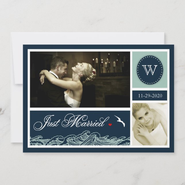 Navy Just Married Nautical Wedding Photo Cards (Front)