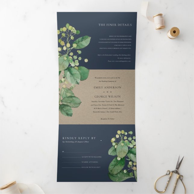 NAVY KRAFT BERRY LEAFY FOLIAGE GREENERY WEDDING Tri-Fold INVITATION (Inside)