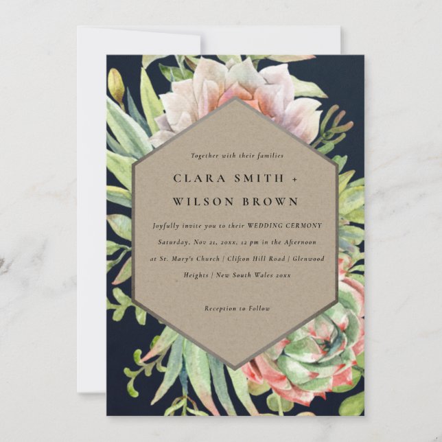 NAVY KRAFT DESERT SUCCULENT CACTI FOLIAGE WEDDING INVITATION (Front)