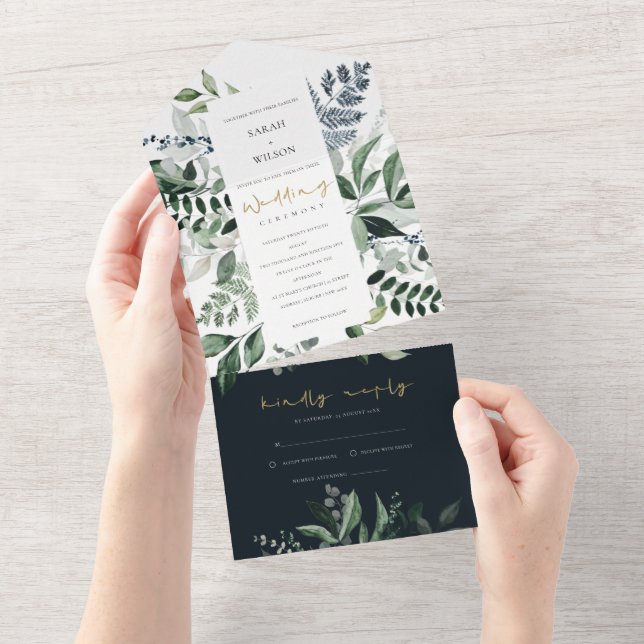 Navy Kraft Green Leafy Tropical Foliage Wedding All In One Invitation (Tearaway)