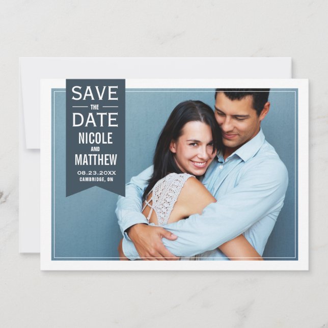 Navy Label Modern Photo Save the Date Announcement (Front)