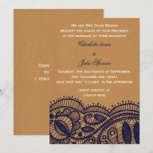 Navy Lace and Kraft Paper Wedding Invitation
