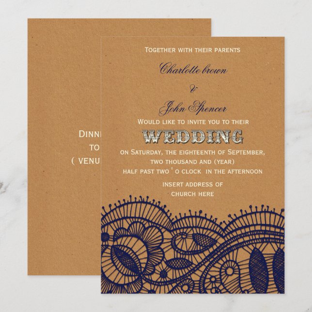 Navy Lace and Kraft Paper Wedding Invitation (Front/Back)