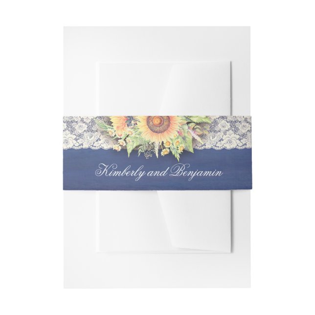 Navy Lace and Sunflowers Rustic Wedding Invitation Belly Band (Front Example)