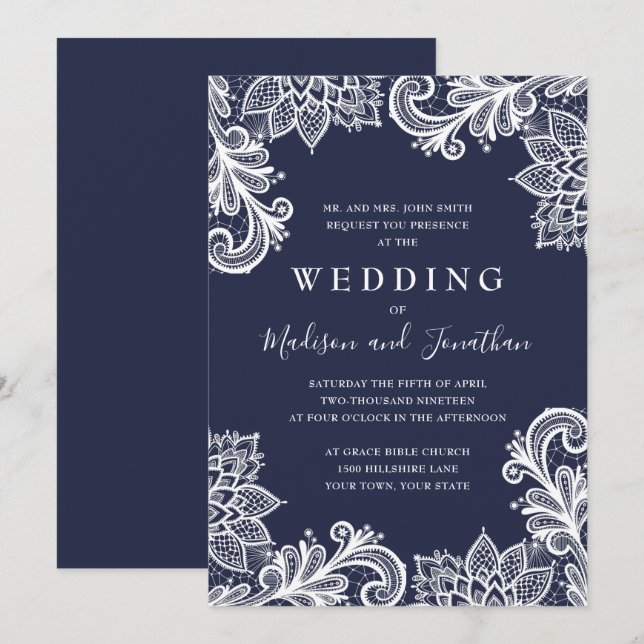 Navy Lace Applique Elegant Wedding Invitation (Front/Back)